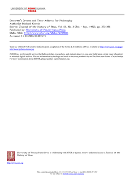 Descartes's Dreams and Their Address for Philosophy Author(S): Michael Keevak Source: Journal of the History of Ideas, Vol