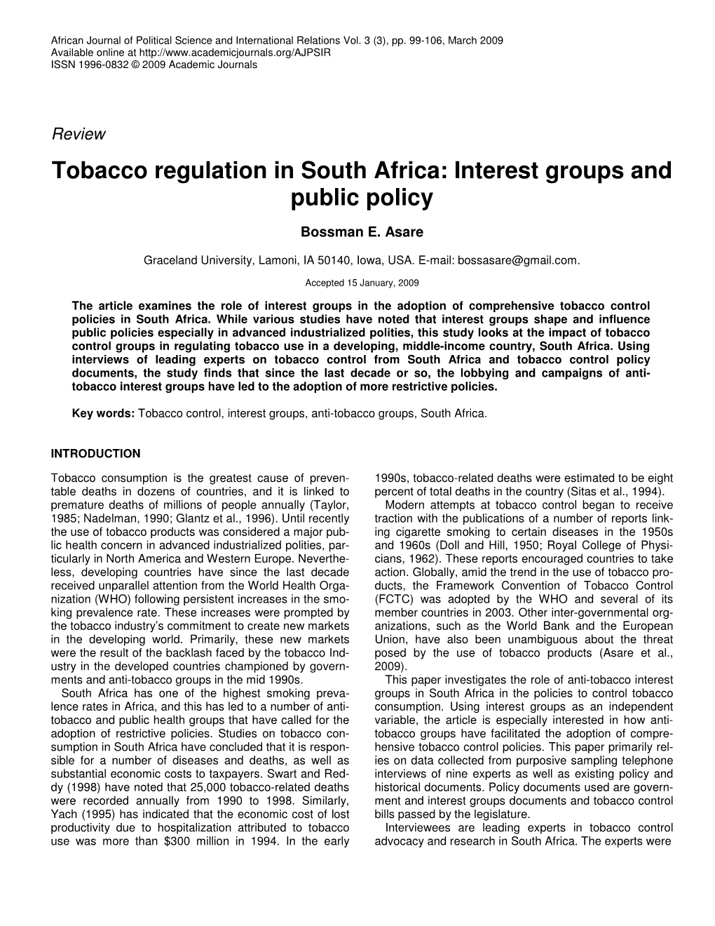Tobacco Regulation in South Africa: Interest Groups and Public Policy