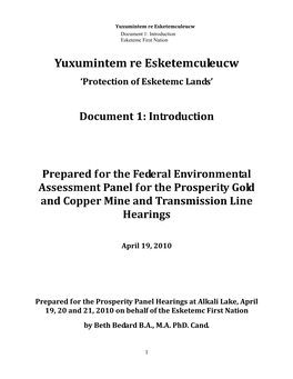 Yuxumintem Re Esketemculeucw Document 1: Introduction Esketemc First Nation