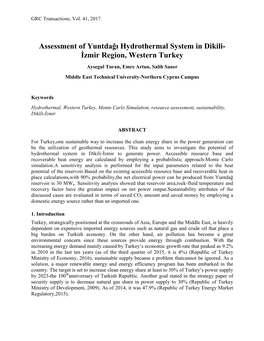 Assessment of Yuntdağı Hydrothermal System in Dikili