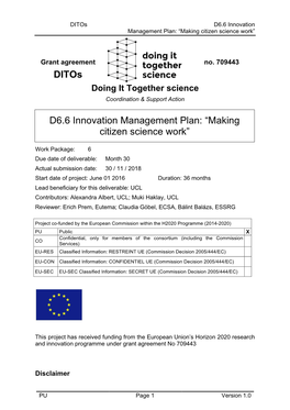 D6.6 Innovation Management Plan: “Making Citizen Science Work” Ditos