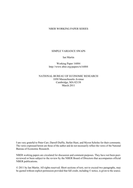 NBER WORKING PAPER SERIES SIMPLE VARIANCE SWAPS Ian Martin Working Paper