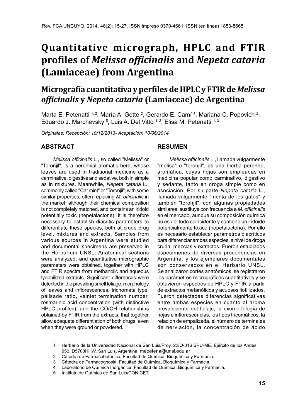 Quantitative Micrograph, HPLC and FTIR Profiles of Melissa Officinalis