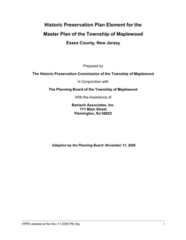 Historic Preservation Plan Element for the Master Plan of the Township of Maplewood