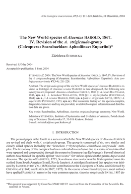 &lt;I&gt;Ataenius&lt;/I&gt; HAROLD, 1867. IV. Revision of the &lt;I&gt;A. Strigicauda