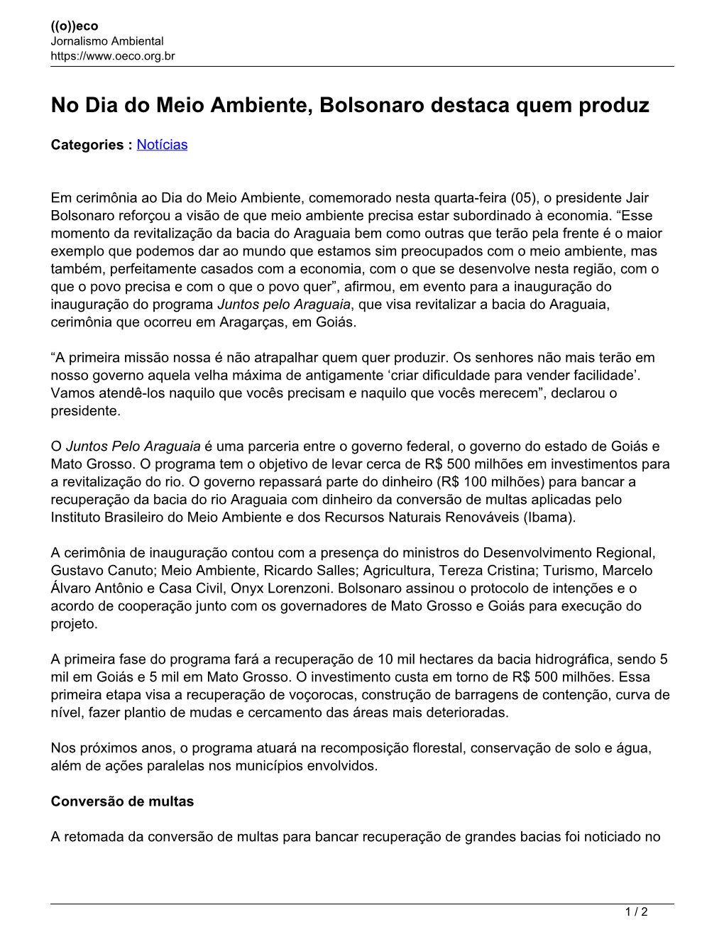 No Dia Do Meio Ambiente, Bolsonaro Destaca Quem Produz