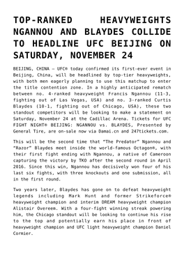 Top-Ranked Heavyweights Ngannou and Blaydes Collide to Headline Ufc Beijing on Saturday, November 24