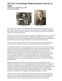 First Transatlantic Radio Broadcast (March 14, 1925) Added to the National Registry: 2007 Essay by Cary O’Dell