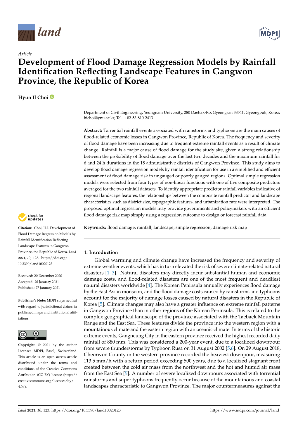 Development of Flood Damage Regression Models by Rainfall Identiﬁcation Reﬂecting Landscape Features in Gangwon Province, the Republic of Korea