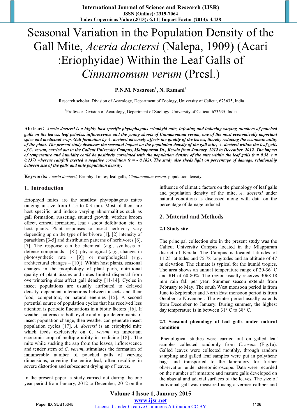 Seasonal Variation in the Population Density of the Gall Mite, Aceria Doctersi (Nalepa, 1909) (Acari :Eriophyidae) Within the Leaf Galls of Cinnamomum Verum (Presl.)