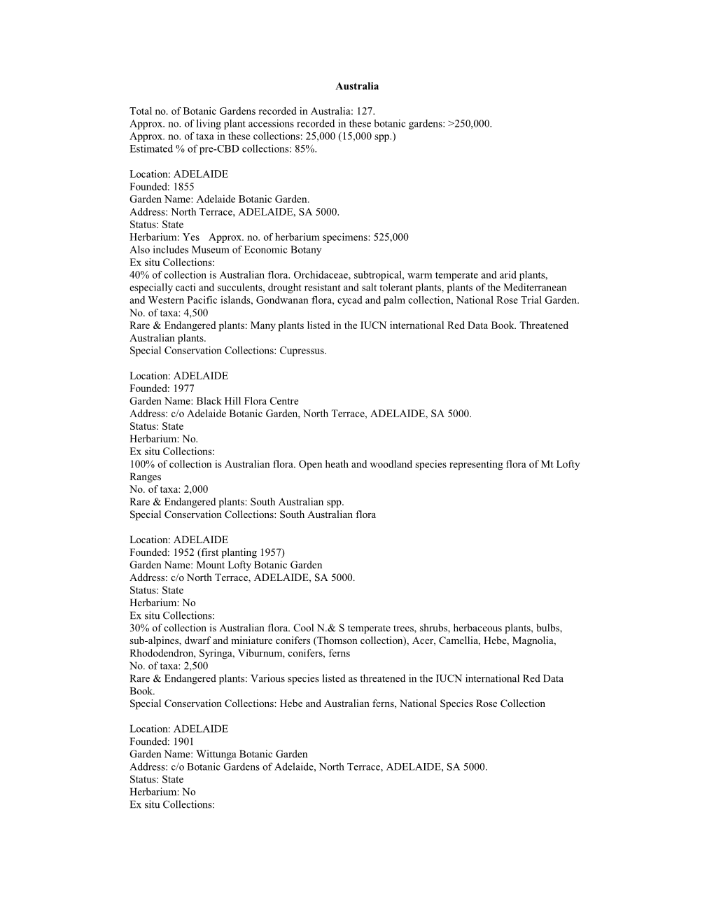 Australia Total No. of Botanic Gardens Recorded in Australia: 127. Approx. No. of Living Plant Accessions Recorded in These Bota