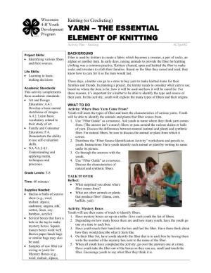 YARN – the ESSENTIAL Program ELEMENT of KNITTING Activity Plan – Knitting Actpa082
