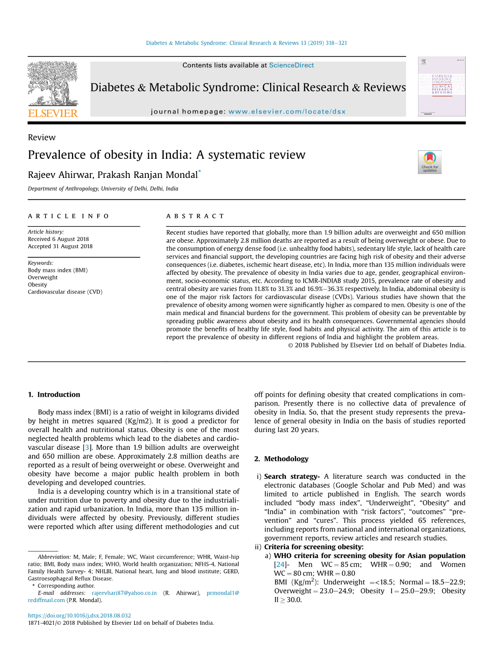 Prevalence of Obesity in India: a Systematic Review