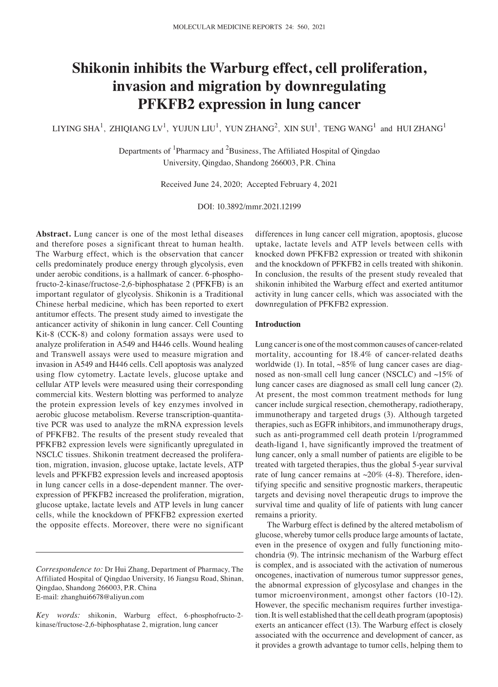 Shikonin Inhibits the Warburg Effect, Cell Proliferation, Invasion and Migration by Downregulating PFKFB2 Expression in Lung Cancer