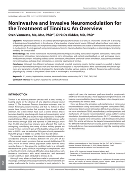 Noninvasive and Invasive Neuromodulation for the Treatment of Tinnitus: an Overview Sven Vanneste, Ma, Msc, Phd*†, Dirk De Ridder, MD, Phd*