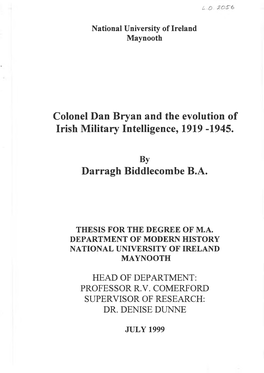 Colonel Dan Bryan and the Evolution of Irish Military Intelligence, 1919 -1945