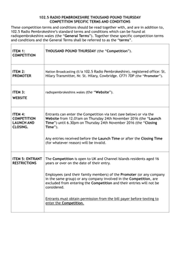 102.5 Radio Pembrokeshire T&Cs For