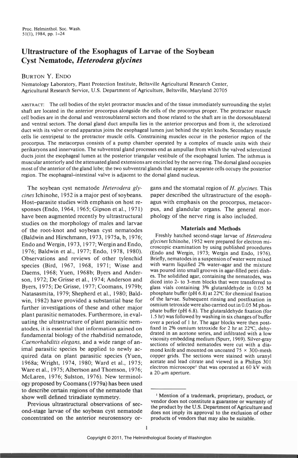 Ultrastructure of the Esophagus of Larvae of the Soybean Cyst Nematode, Heterodera Glydnes