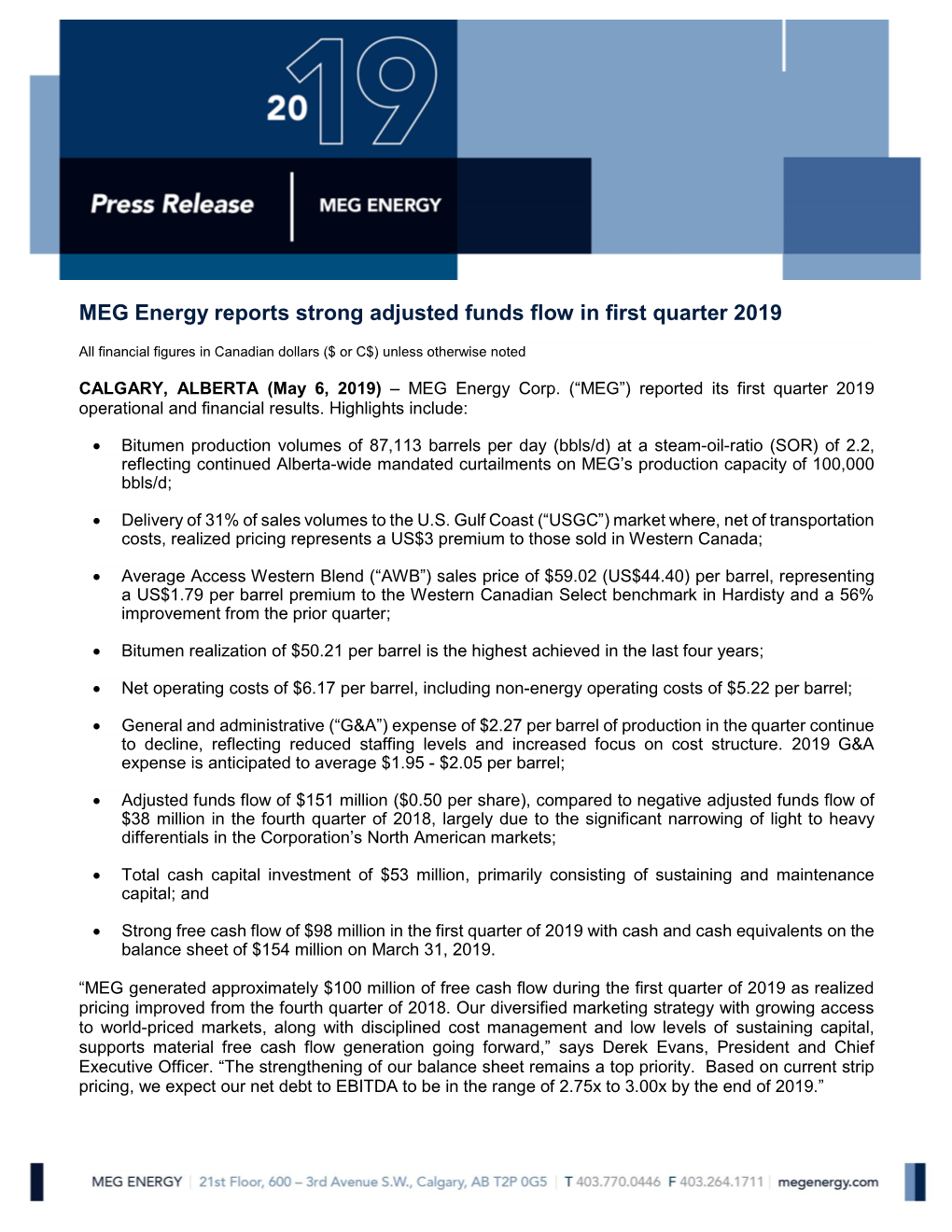 MEG Energy Reports Strong Adjusted Funds Flow in First Quarter 2019