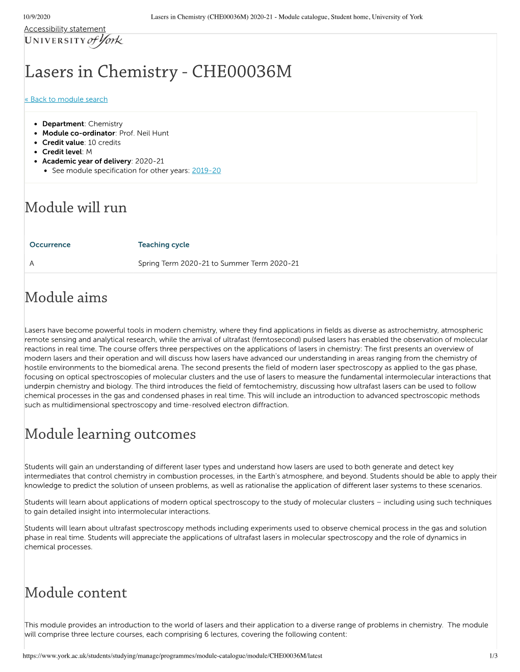 Lasers in Chemistry (CHE00036M) 2020-21 - Module Catalogue, Student Home, University of York Accessibility Statement