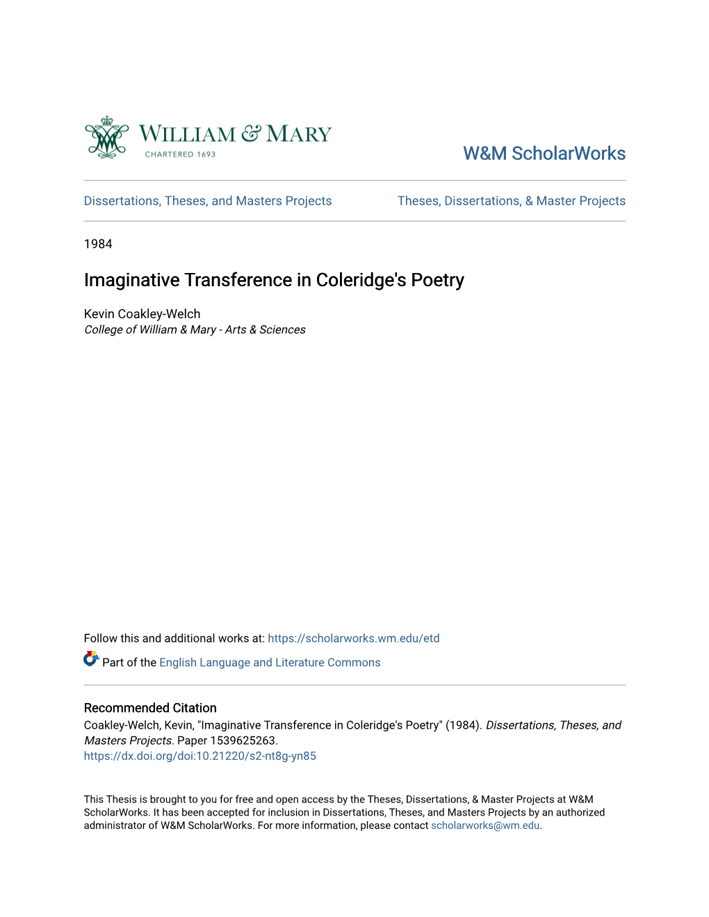 Imaginative Transference in Coleridge's Poetry