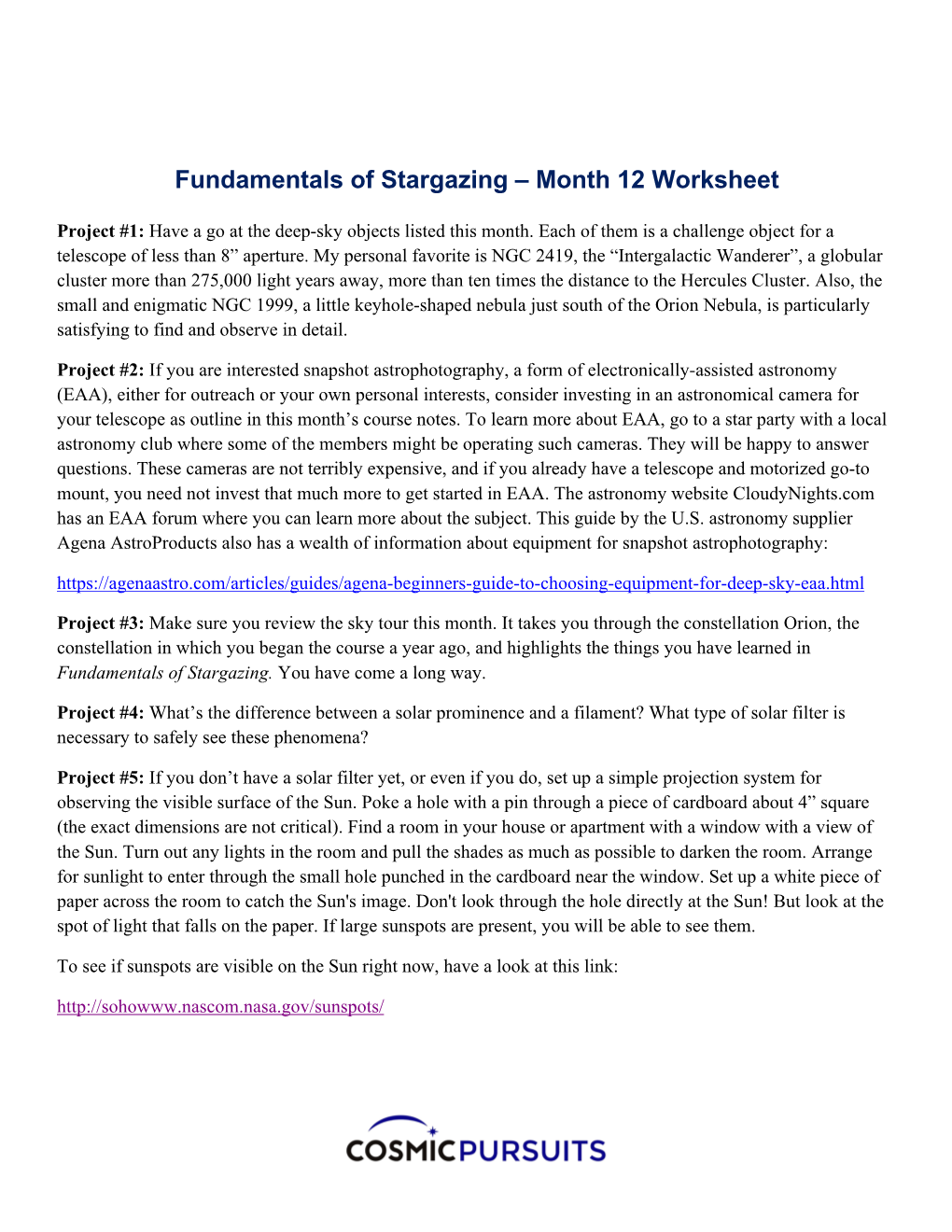 Fundamentals of Stargazing – Month 12 Worksheet