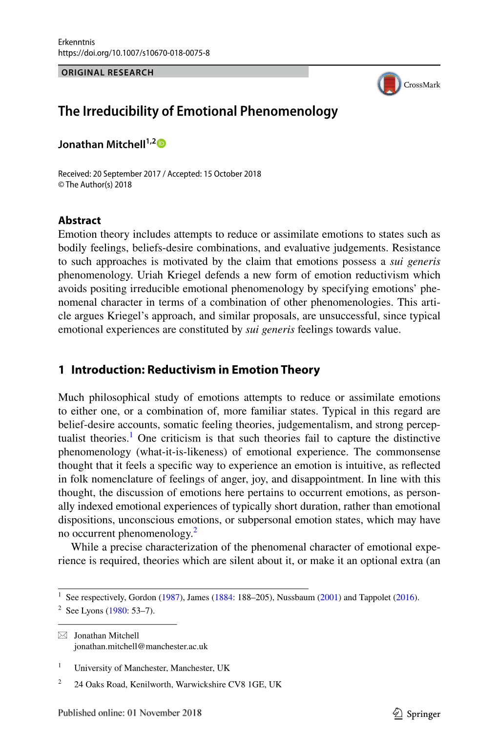 The Irreducibility of Emotional Phenomenology