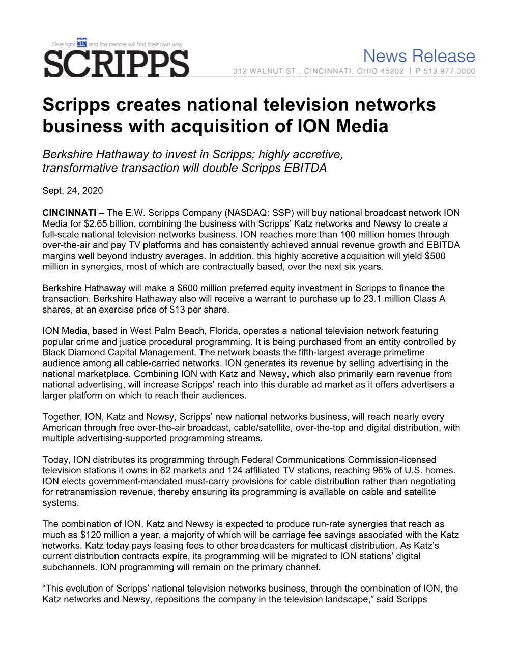 Scripps Creates National Television Networks Business with Acquisition of ION Media