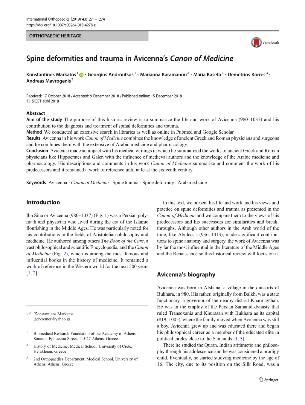 Spine Deformities and Trauma in Avicenna's Canon of Medicine