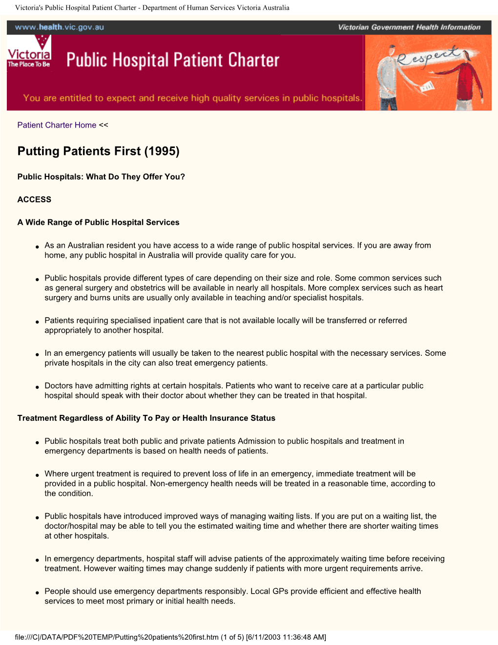 Victoria's Public Hospital Patient Charter - Department of Human Services Victoria Australia