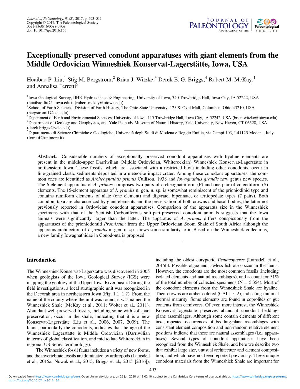 Exceptionally Preserved Conodont Apparatuses with Giant Elements from the Middle Ordovician Winneshiek Konservat-Lagerstätte, Iowa, USA