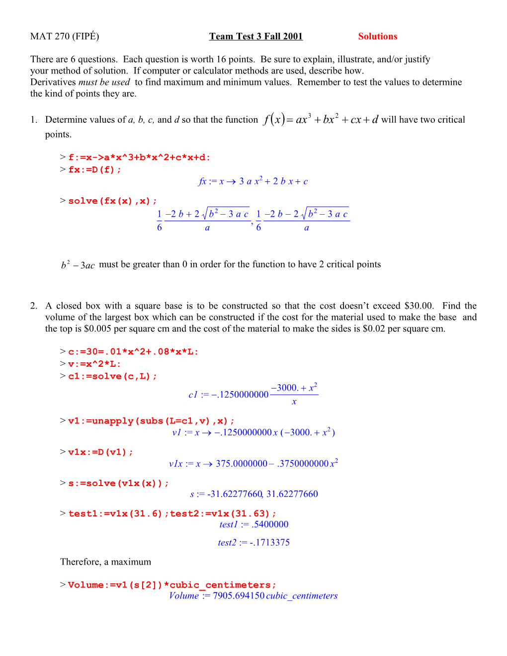 MAT 270 (FIPÉ) Team Test 3 Fall 2001 Solutions