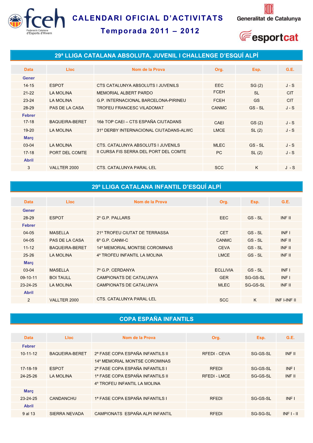 CALENDARI OFICIAL D'activitats Temporada 2011 – 2012