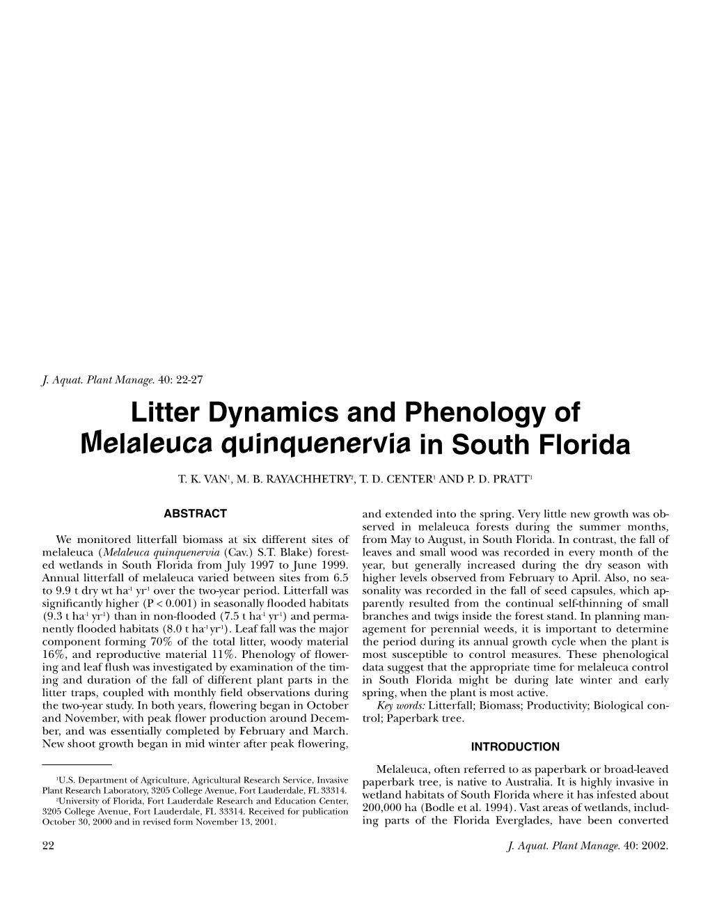 Litter Dynamics and Phenology of Melaleuca Quinquenervia in South Florida
