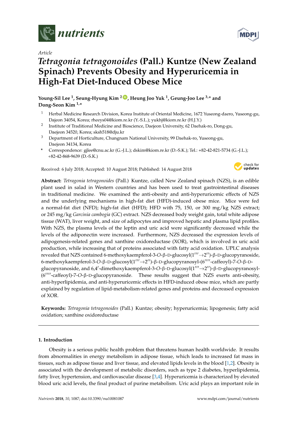 Tetragonia Tetragonoides (Pall.) Kuntze (New Zealand Spinach) Prevents Obesity and Hyperuricemia in High-Fat Diet-Induced Obese Mice