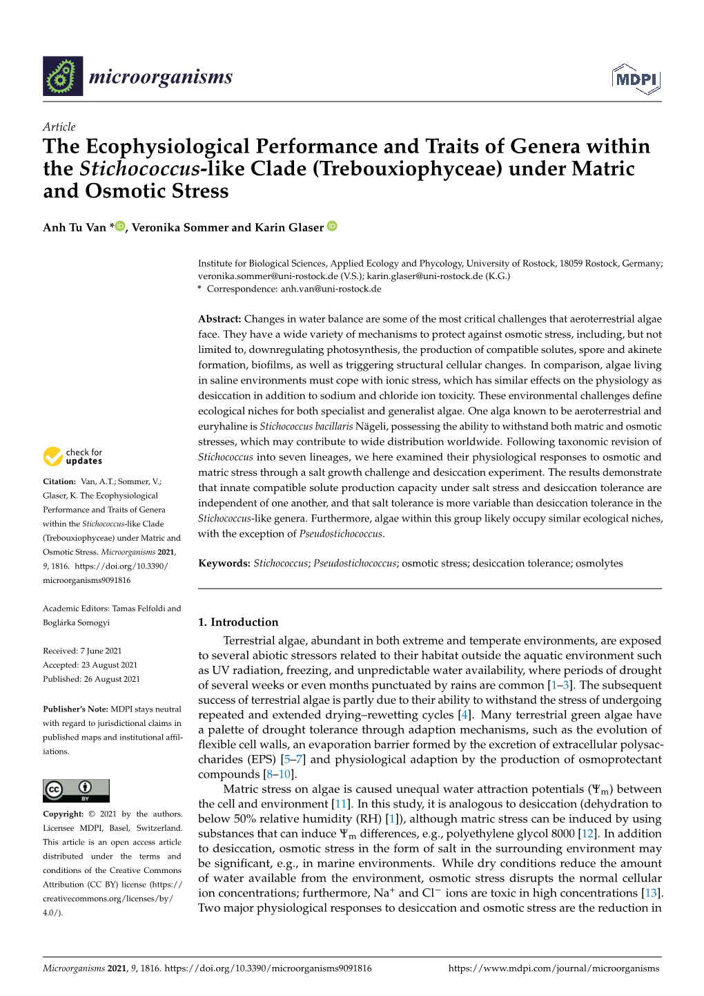 (Trebouxiophyceae) Under Matric and Osmotic Stress