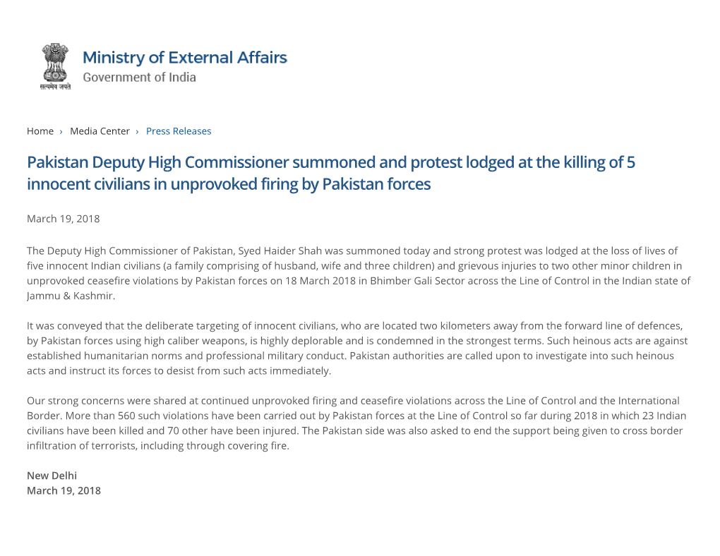 Pakistan Deputy High Commissioner Summoned and Protest Lodged at the Killing of 5 Innocent Civilians in Unprovoked Firing by Pakistan Forces