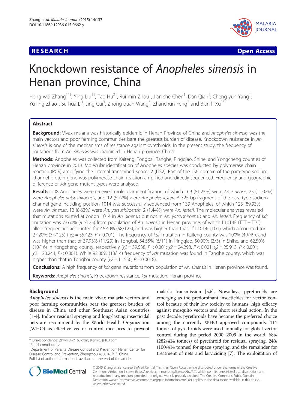 Knockdown Resistance of Anopheles Sinensis in Henan Province, China