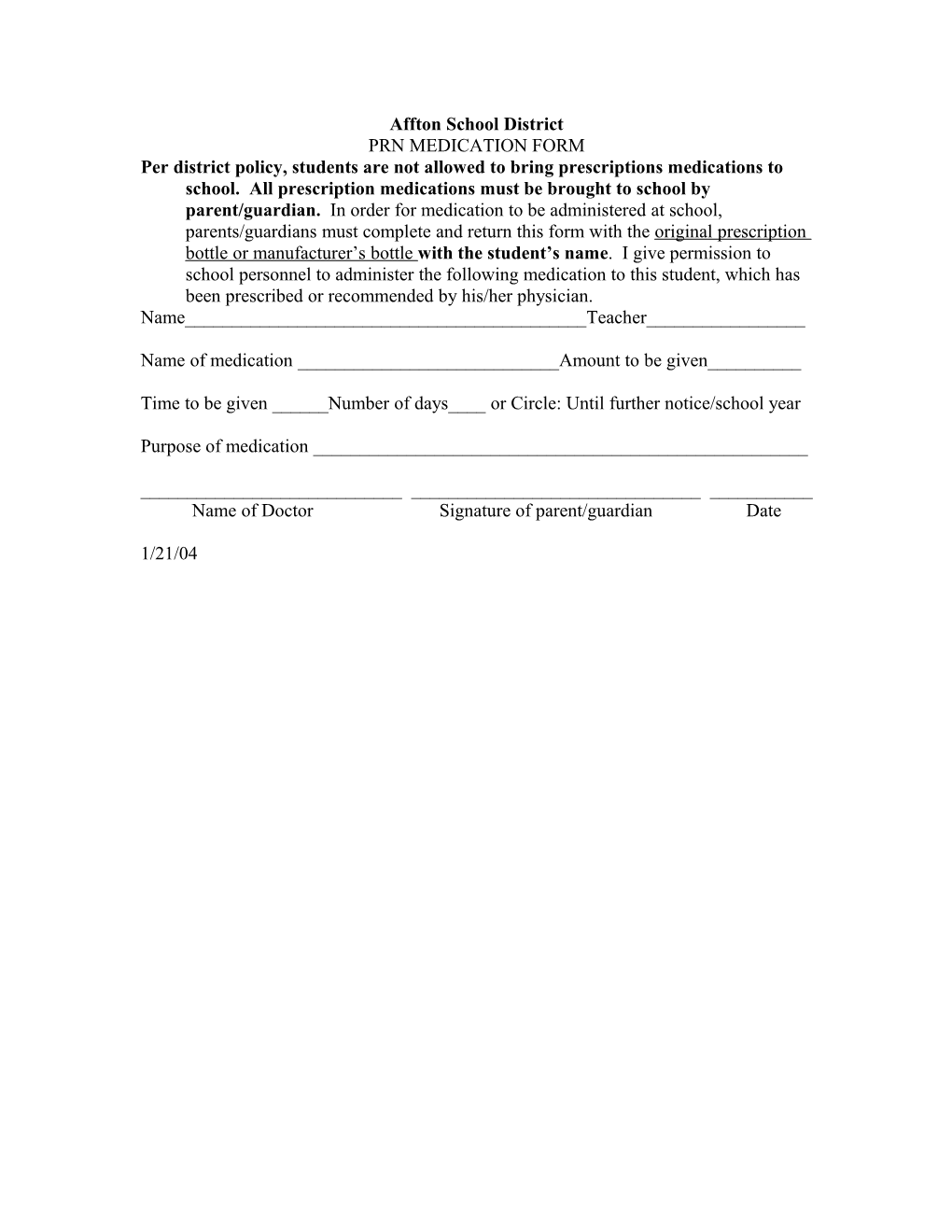 Prn Medication Form