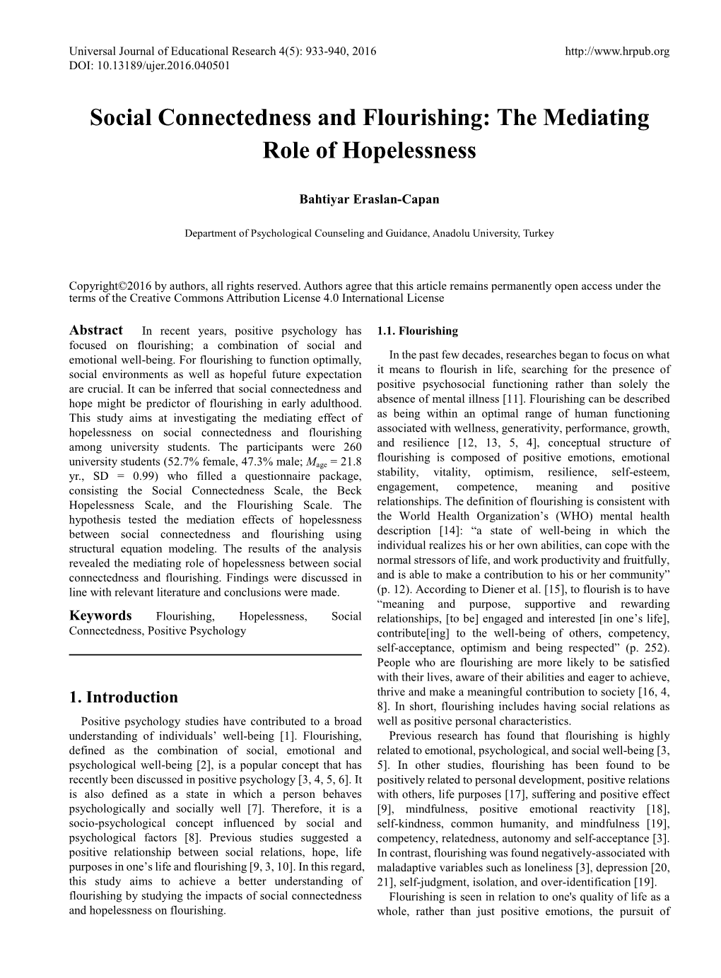 Social Connectedness and Flourishing: the Mediating Role of Hopelessness