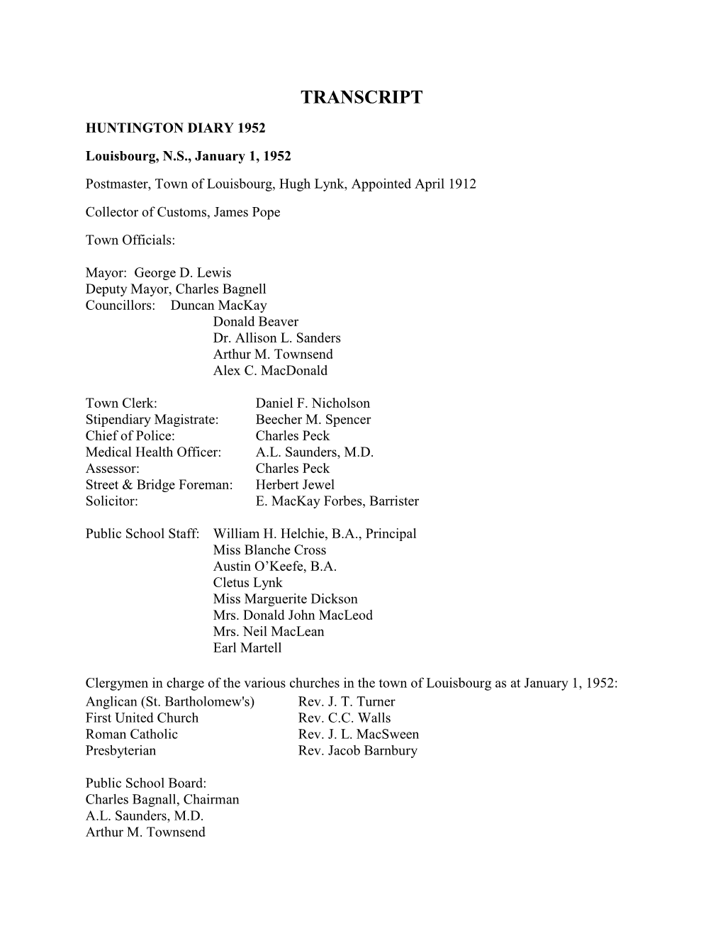 1952 Louisbourg, N.S., January 1, 1952 Postmaster, Town of Louisbourg, Hugh Lynk, Appointed April 1912 Collector of Customs, James Pope Town Officials