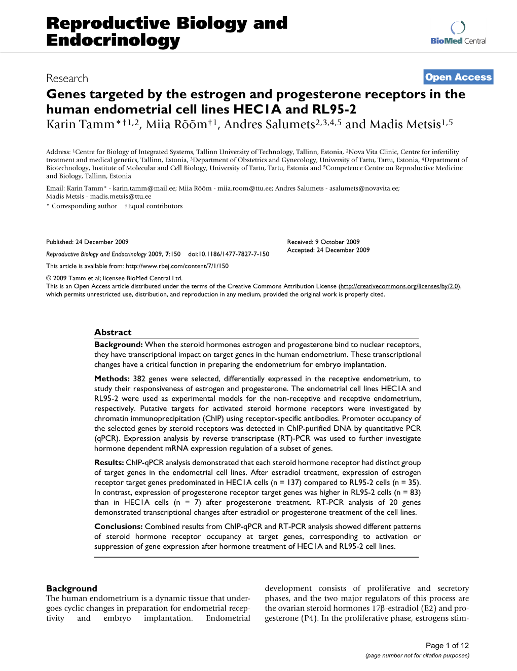 Genes Targeted by the Estrogen and Progesterone Receptors in The