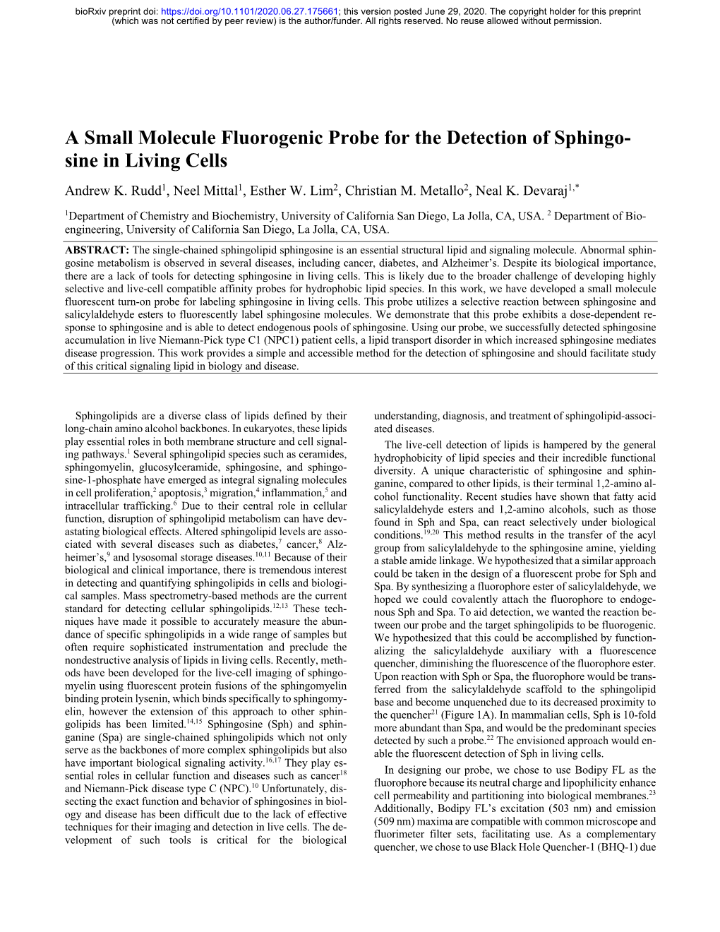 A Small Molecule Fluorogenic Probe for the Detection of Sphingosine In