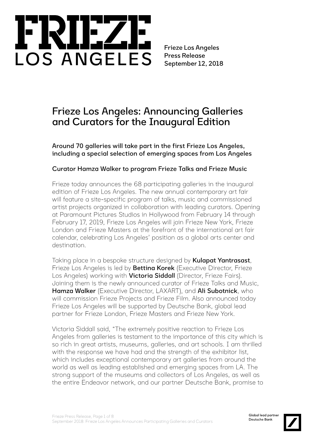 Frieze Los Angeles Press Release September 12, 2018