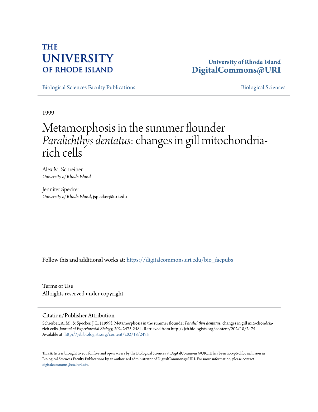 Metamorphosis in the Summer Flounder Paralichthys Dentatus: Changes in Gill Mitochondria- Rich Cells Alex M