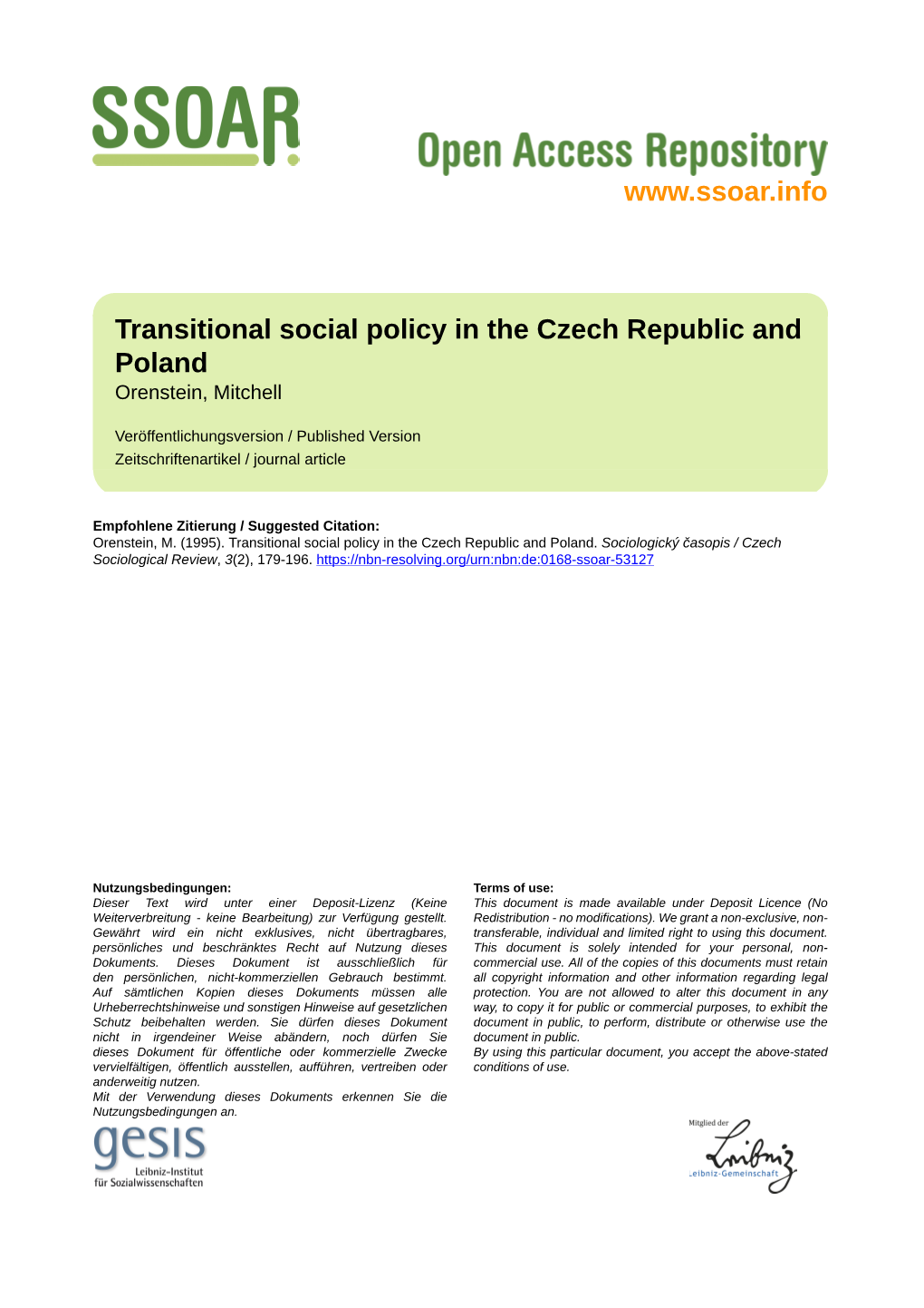 Transitional Social Policy in the Czech Republic and Poland Orenstein, Mitchell