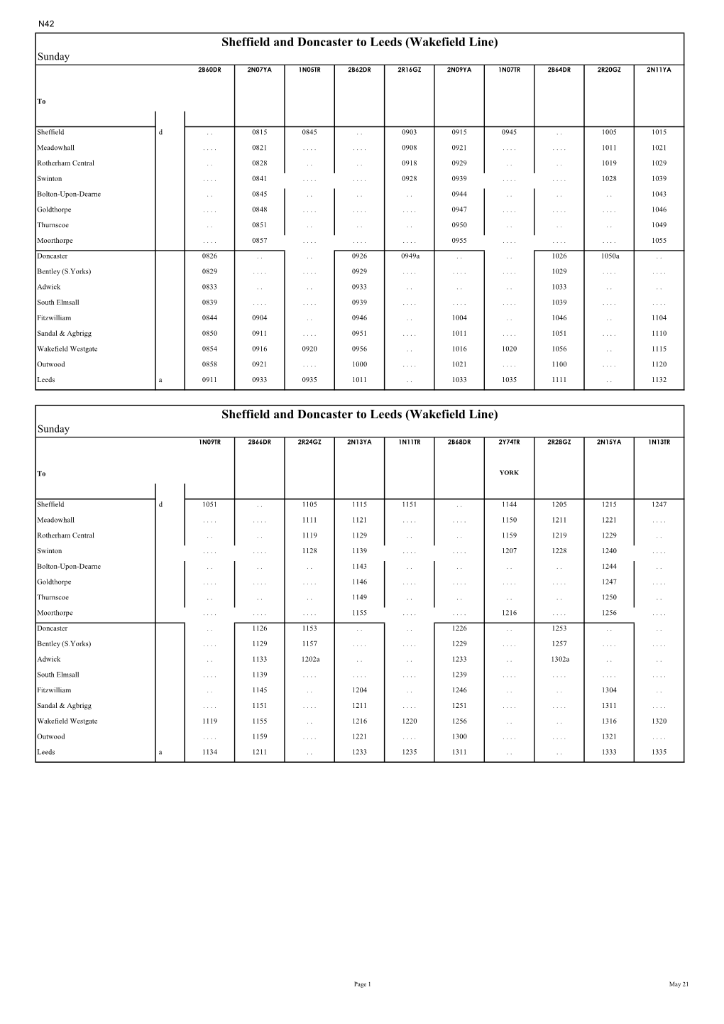 Sheffield and Doncaster to Leeds (Wakefield Line) Sunday 2B60DR 2N07YA 1N05TR 2B62DR 2R16GZ 2N09YA 1N07TR 2B64DR 2R20GZ 2N11YA
