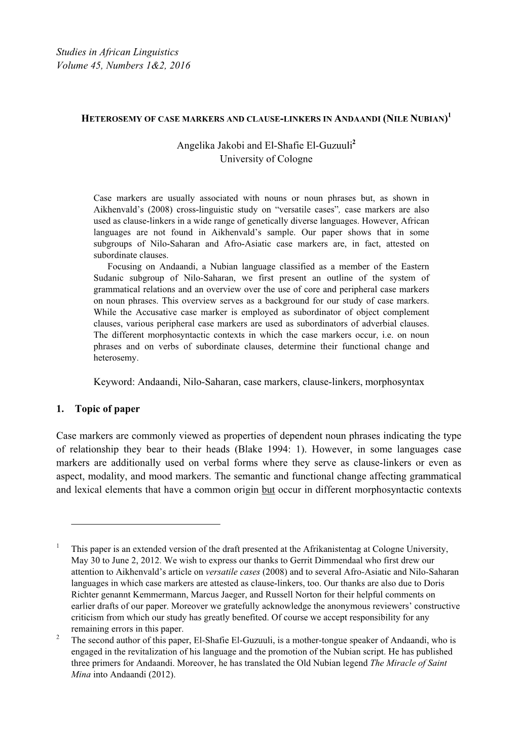 Studies in African Linguistics Volume 45, Numbers 1&2, 2016 Angelika