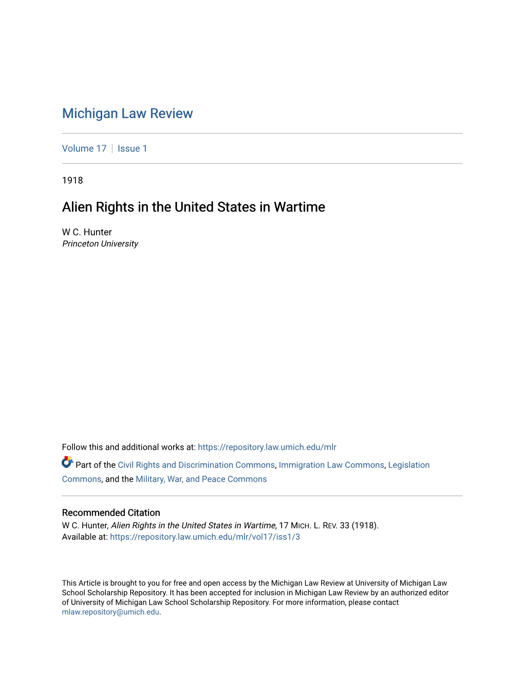 Alien Rights in the United States in Wartime