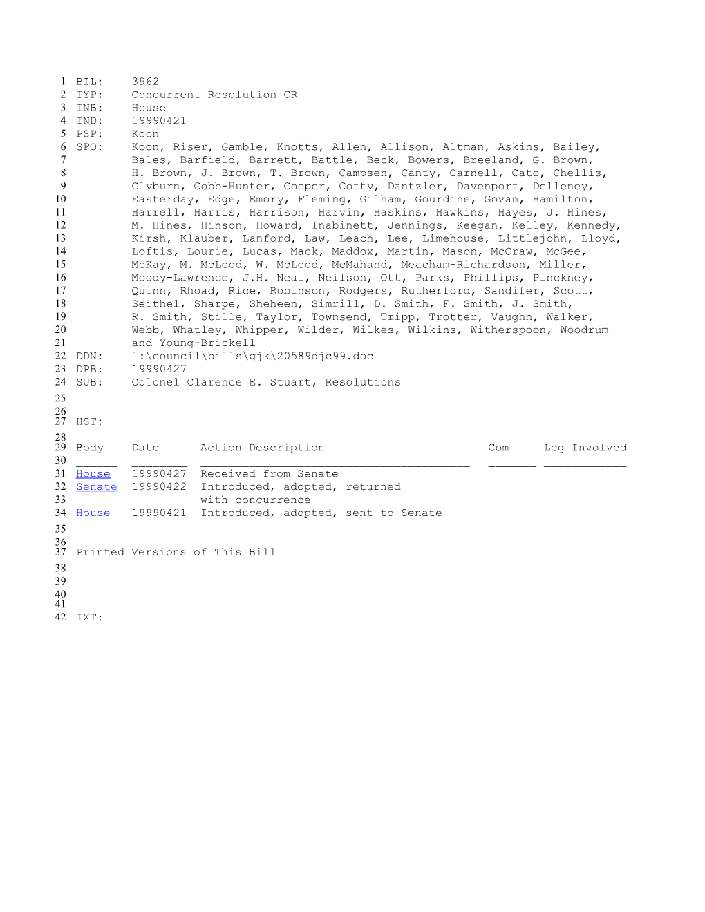 1999-2000 Bill 3962: Colonel Clarence E. Stuart, Resolutions - South Carolina Legislature Online